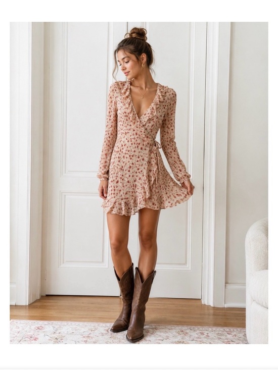 Free People Dresses & Skirts - Free People Floral Wrap Mini Dress Cream Red Ruffle Long Sleeve Sz Small